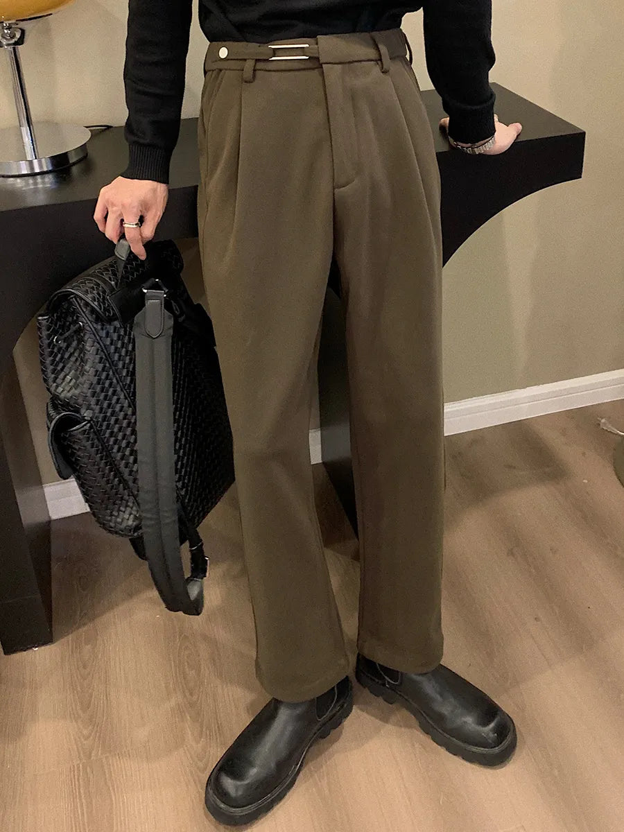 Bonsir Winter Thickened Warm Woolen Casual Trousers Men's Loose Straight Trousers Solid Color Vintage Autumn Winter Men's Pants