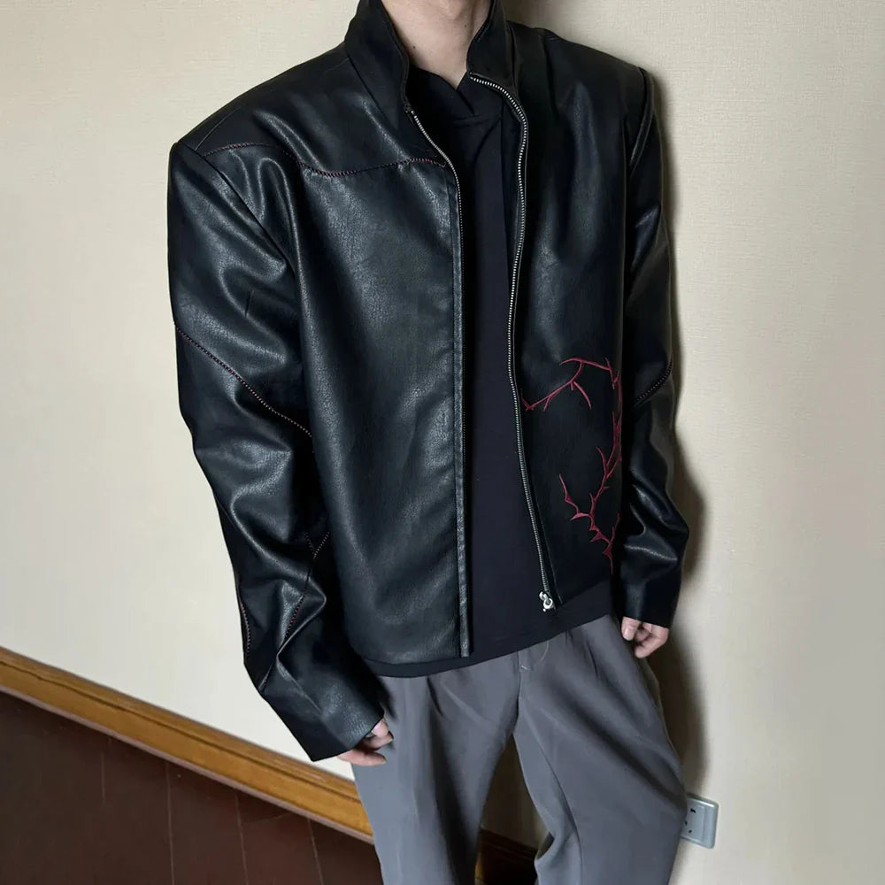 sanyamk Mens Thorn Three-Dimensional Embroidery Pu Leather Jacket Autumn Y2k Streetwear Fashion Versatile Jacket Men'S Clothing 2024