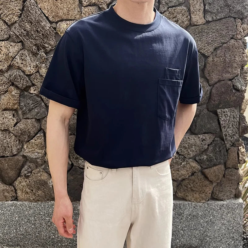 sanyamk - Trendy Pockets Pure Color Cotton T Shirt Men Short Sleeve O Neck Casual Tees For Male Summer Fashion Simple Loose Mens T-shirts