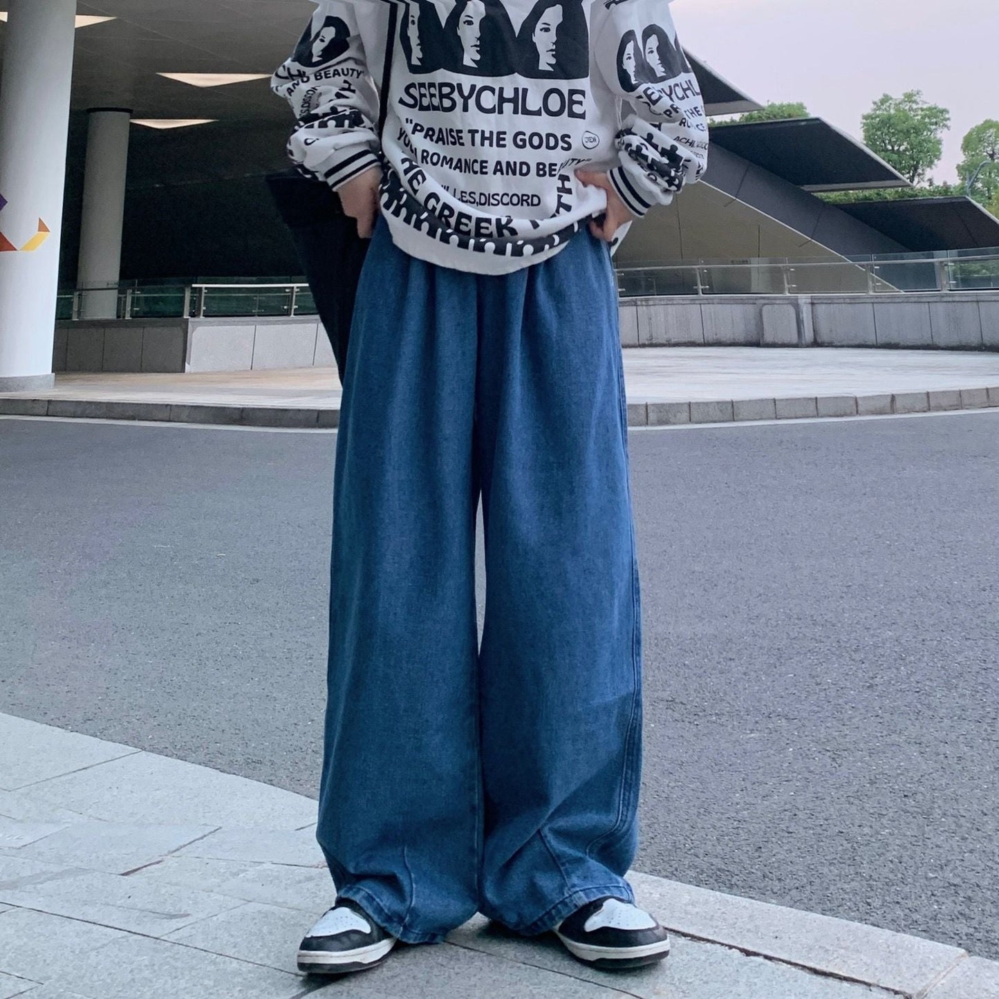 Bonsir Loose Silhouette Jeans Vintage Fashion Solid Color Wash Wide Leg Trousers Casual Trousers Men Spring Autumn Pants