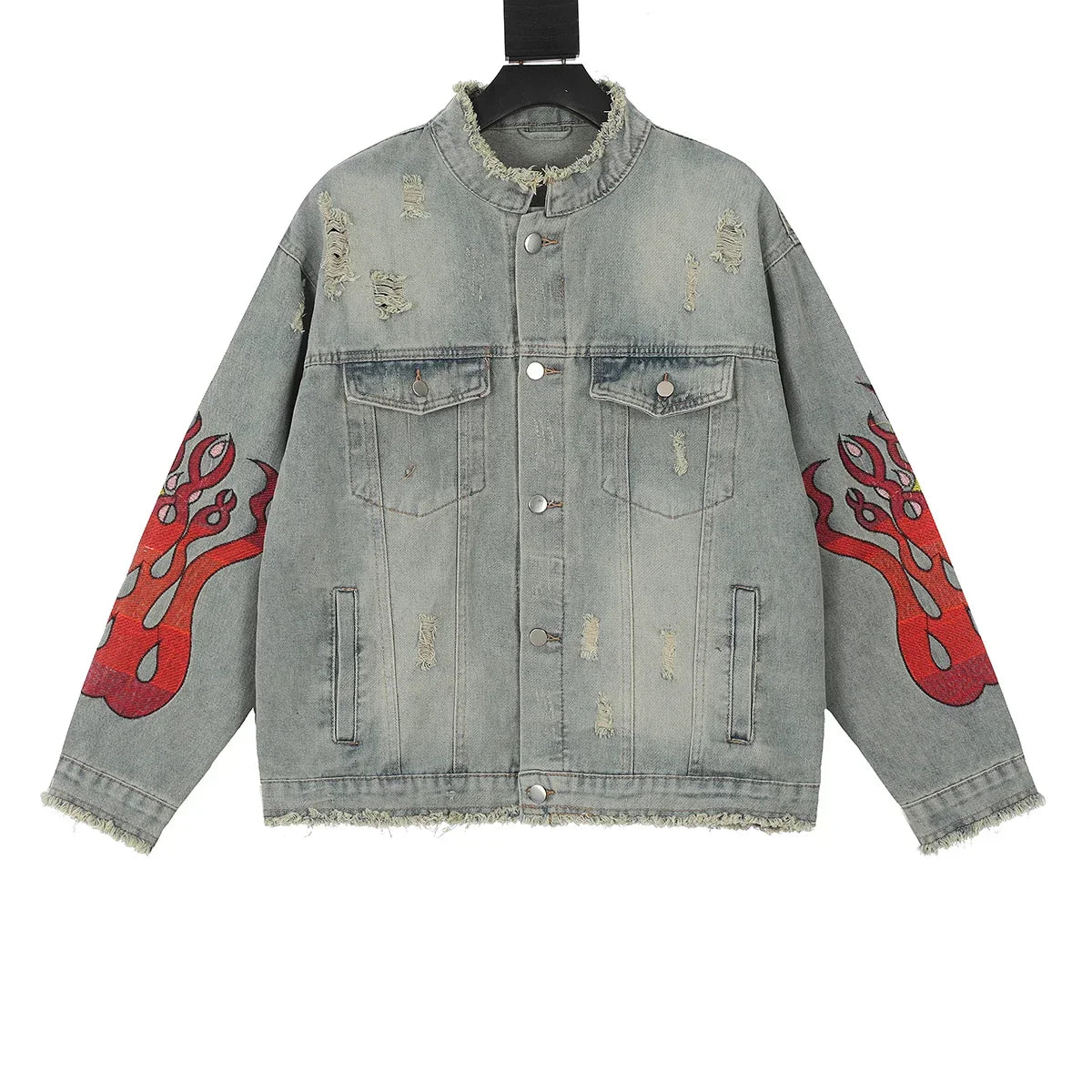 sanyamk High Street Cleanfit Ripped Flame Embroidery Hole Washed Blue Denim Jackets Men and Women Vintage Frayed Baggy Jeans Coat