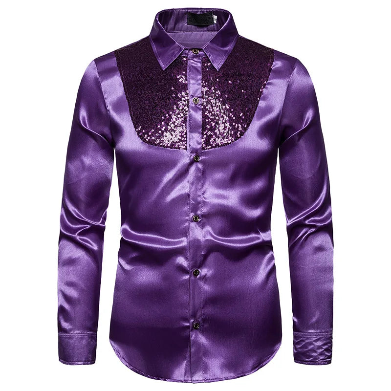 sanyamk Men's Shirt Sequin Lapel Solid Color Slim Fitting Business Casual For Wedding Banquet Performance Men Suit Long Sleeved Shirt