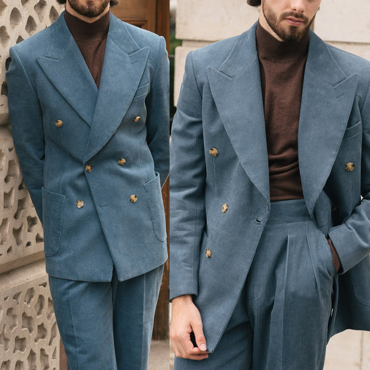 sanyamk Corduroy Men's Suits Tailored 2 Pieces Blazer Pants Double Breasted Peaked Lapel Formal Plus Size Slim Fit Custom Made Plus Size