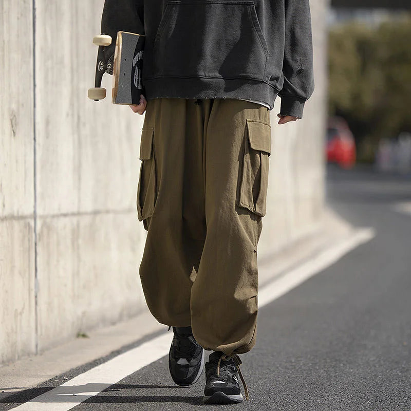 sanyamk Korean Version Vintage High Street Casual Work Pants Men's Students Solid Elastic Waist Pockets Loose Wide Leg Straight Trousers