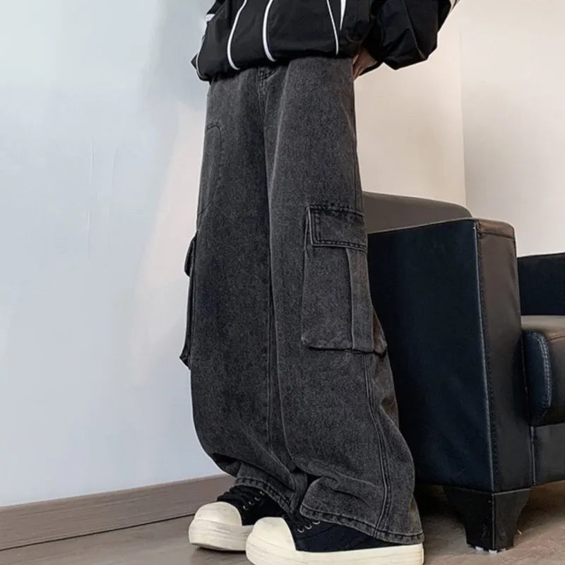sanyamk Men Cargo Jeans Loose Straight Wide Leg Denim Pants Men's Hip Hop Streetwear Neutral Skateboard Mopping denim Trousers