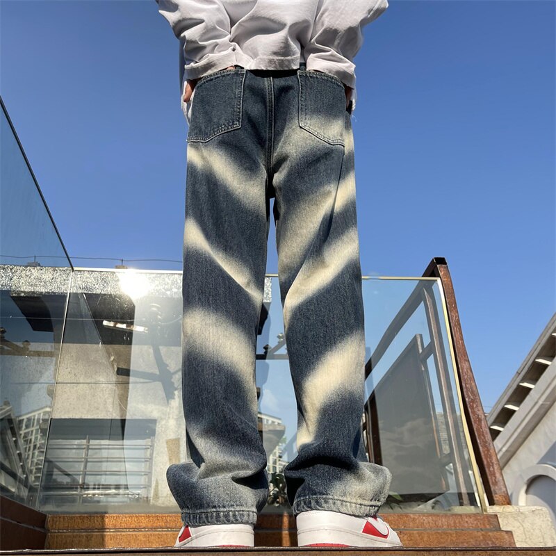 sanyamk Fashion Brand Men's Tie-dyed Jeans College Students Hip-hop Dance Y2k Loose Straight Pants Women's Baggy Blue Jeans