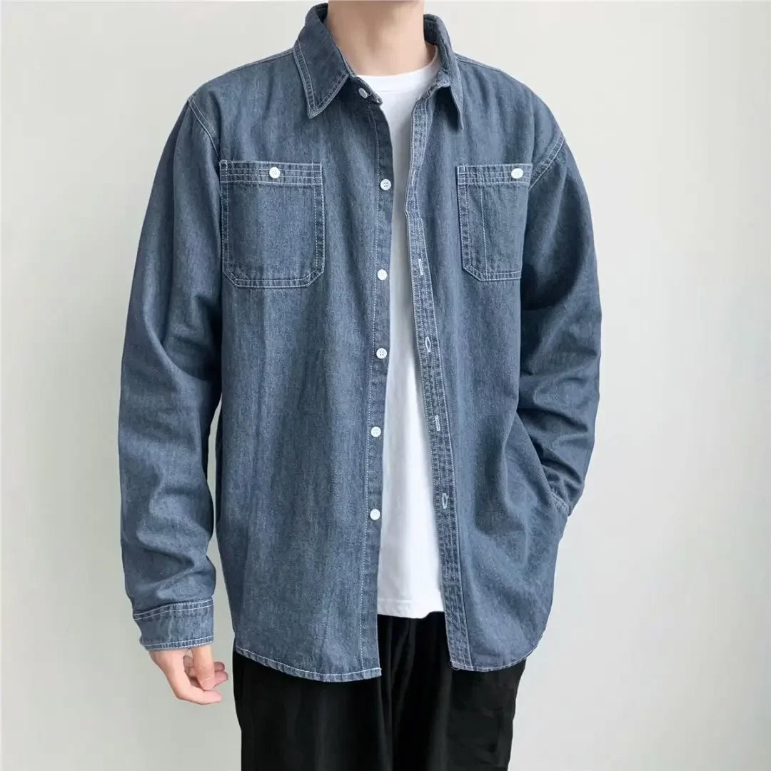 sanyamk Men's Long Sleeved Jeans Shirts Denim Shirt Fashion Classic Dress Shirts Streetwear Clothing