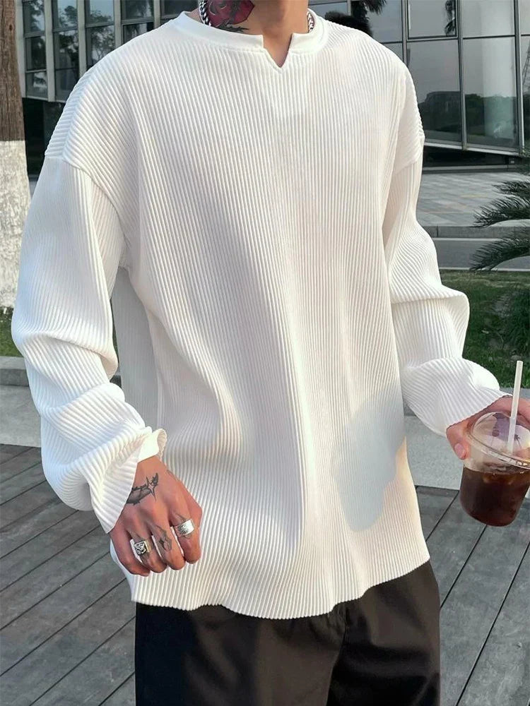 sanyamk - Pleated Design Drape V Neck T Shirt Men Stylish Pure Color Long Sleeve Loose T-shirts Fall New Casual Mens Pullovers Streetwear
