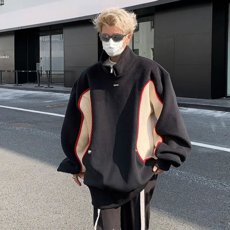 sanyamk - Men's Clothing 2024 Autumn Winter Half Turtleneck Fleece Sweatshirt Trendy Fashion Contract Color Sweatshirts Tops