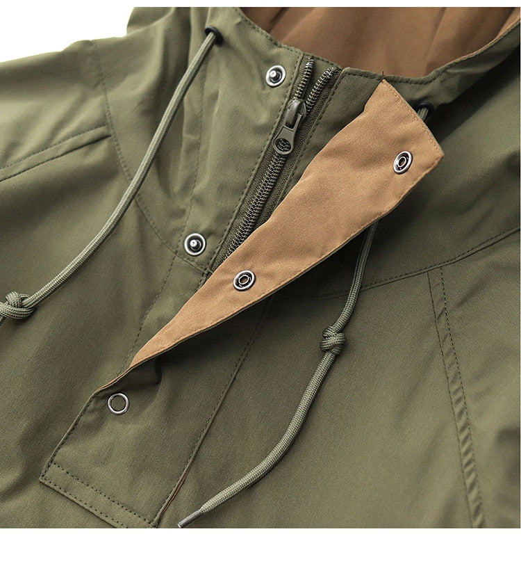 Bonsir Autumn Trekking Hooded Work Jacket Men's Windproof New Loose Half Zipper Stormsuit Outdoor Camping Hiking Riding Coat Tooling
