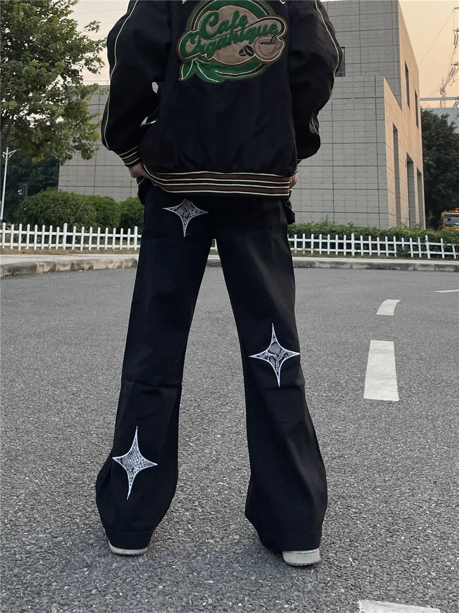 sanyamk Fashionable American street letter embroidery straight tube loose denim pants for men and women high street trendy casual pants