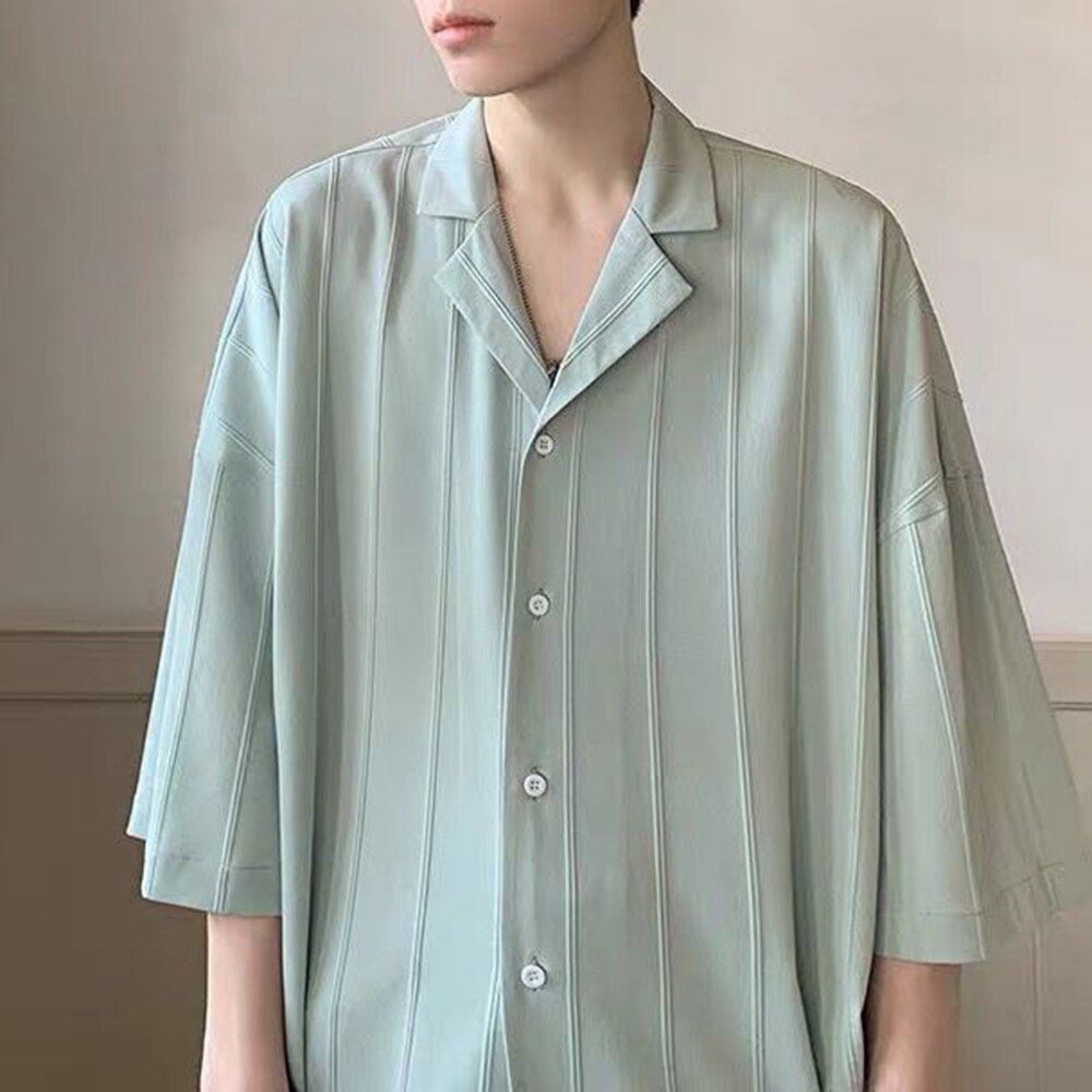 sanyamk Casual Simple Top LGBT Mens Solid Pleated Blouse Lapel Short Sleeve Shirt Streetwear Y2k Loose Leisure Tee Shirts Male Clothing