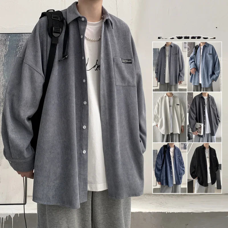 sanyamk - Mens Corduroy Shirts Streetwear Harajuku Japanese Style Oversize Unisex Blouses