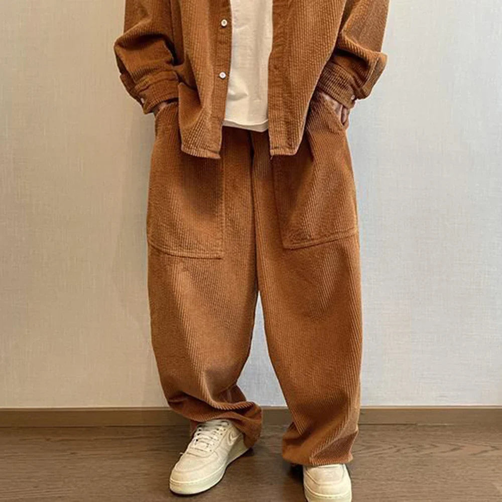 Bonsir Mens Corduroy Casual Pants Autumn Winter 2024 New Genderless Fashion Street Solid Color Loose Floor-Length Straight Pants Unisex