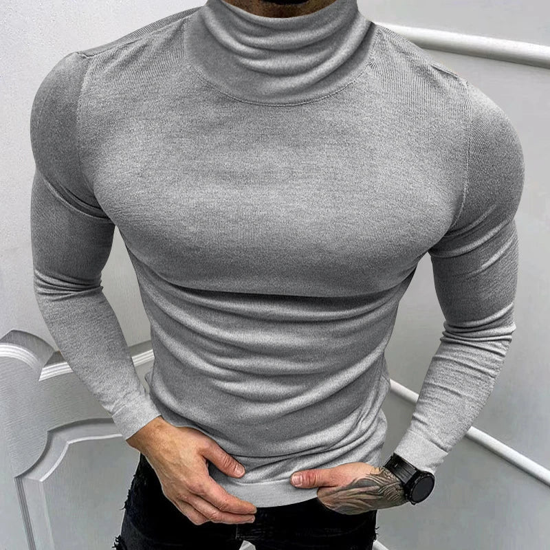 BONSIR - 2024 Spring Fall Casual Solid Color Basic T-shirt Men Clothing T Shirt Luxury Men's T Shirts Turtleneck Long Sleeve Slim Tops