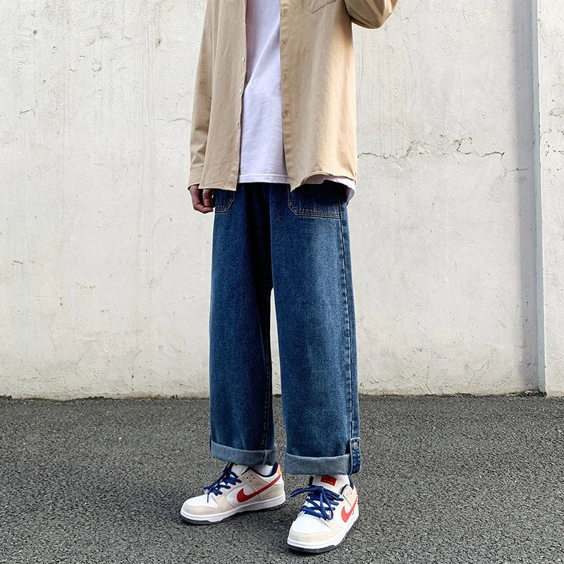 sanyamk Spring New Wide-leg Jeans Men's Straight Loose Pants Hong Kong Style Trend Retro Trousers Bottom Buckle Ankle-length pants