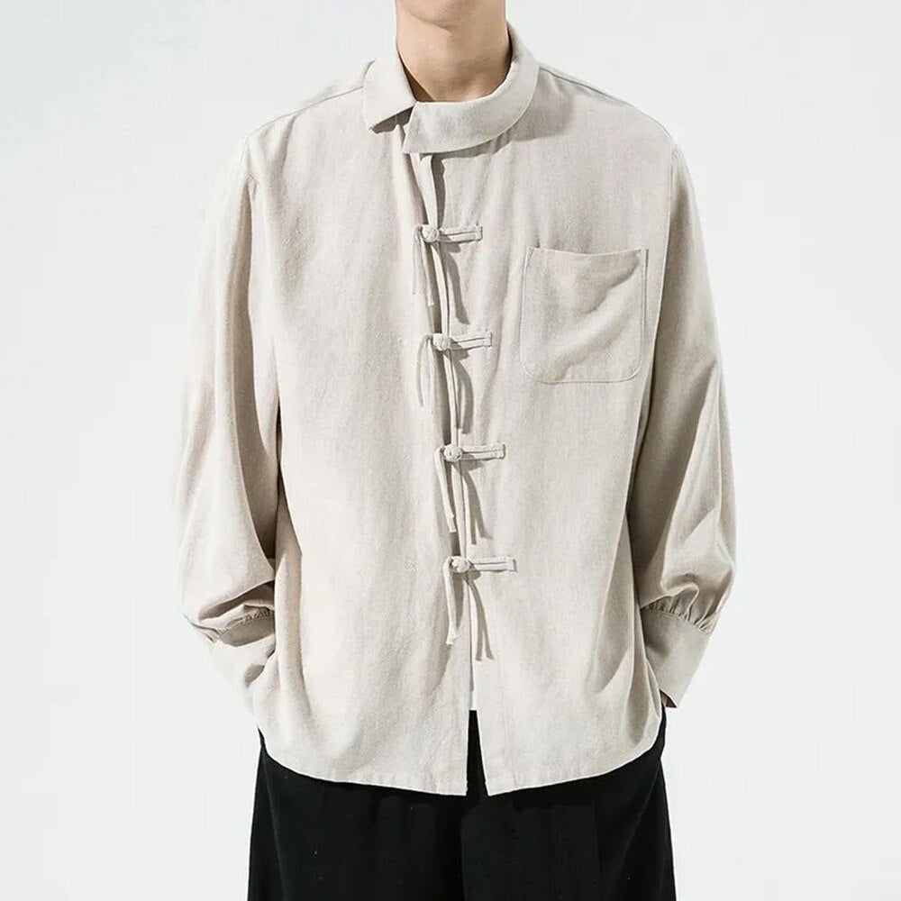 sanyamk Chinese Style Men's Buttoned Cotton and Linen Shirt Loose Retro Style Chinese Style Linen Tang Suit Zhongshan Long-sleeved Shirt