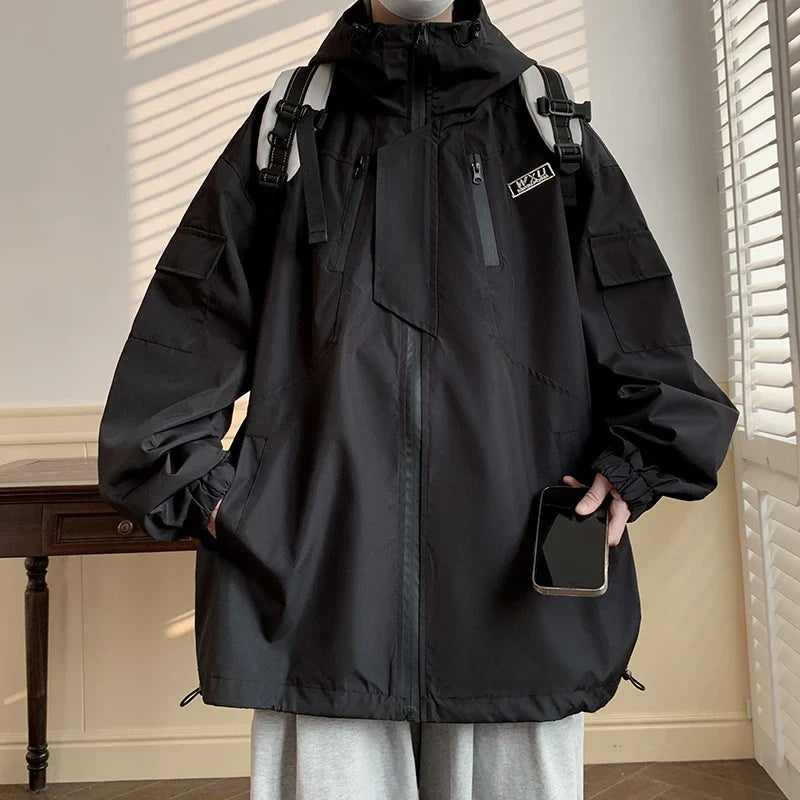 sanyamk Spring Mens Pockets Jackets Hip Hop Harajuku Streetwear Fashion Hooded Loose Coats Outwear Plus Size M-8XL