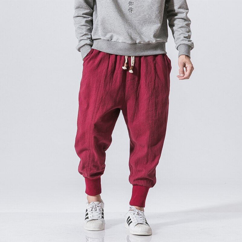 Bonsir Chinese Style Harem Pants Men Streetwear Casual Joggers Mens Pants Cotton Linen Sweatpants Ankle-length Men Trousers M-5XL