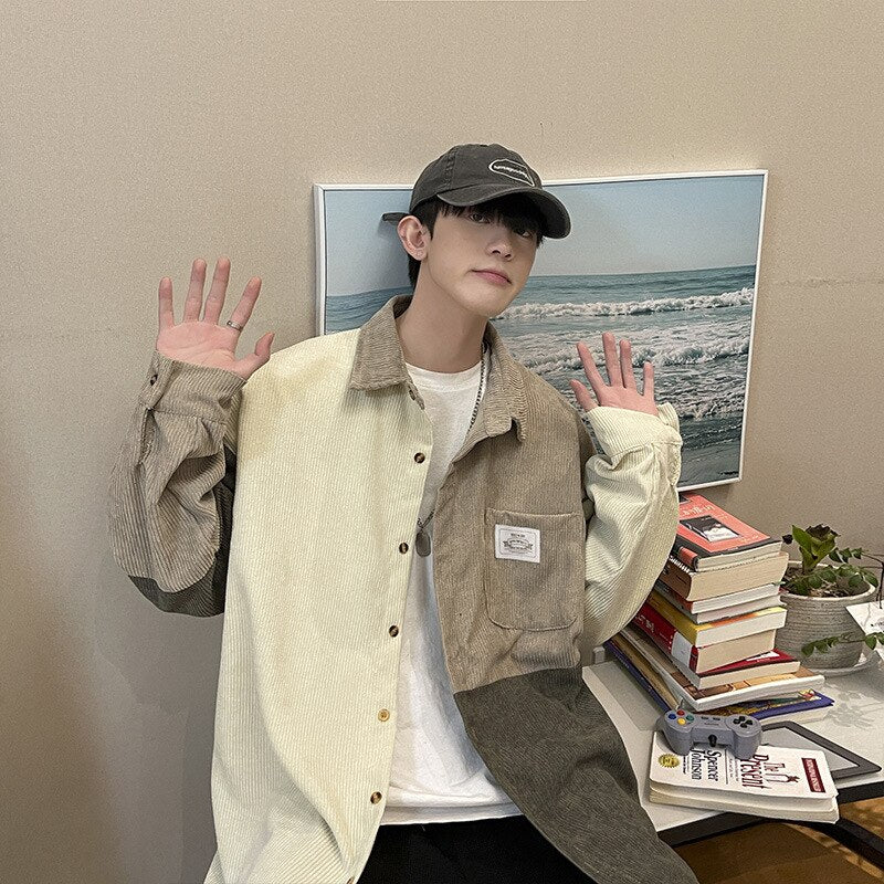sanyamk Corduroy Shirt Men Vintage Splicing Top Oversized Long Sleeves Blouse Trend Fashion Streetwear Spring Autumn Y2K Male Clothes
