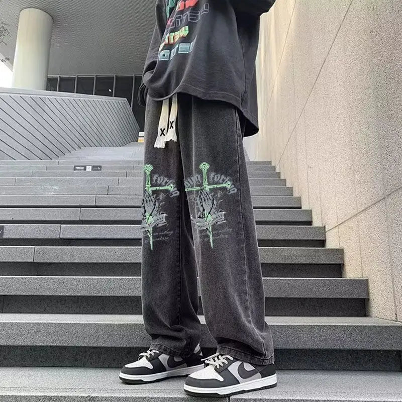 sanyamk Fashion Elastic Waist Printed Jeans Autumn Gothic High Street Causal Loose Drop Long Pants Men Trousers Male Clothes