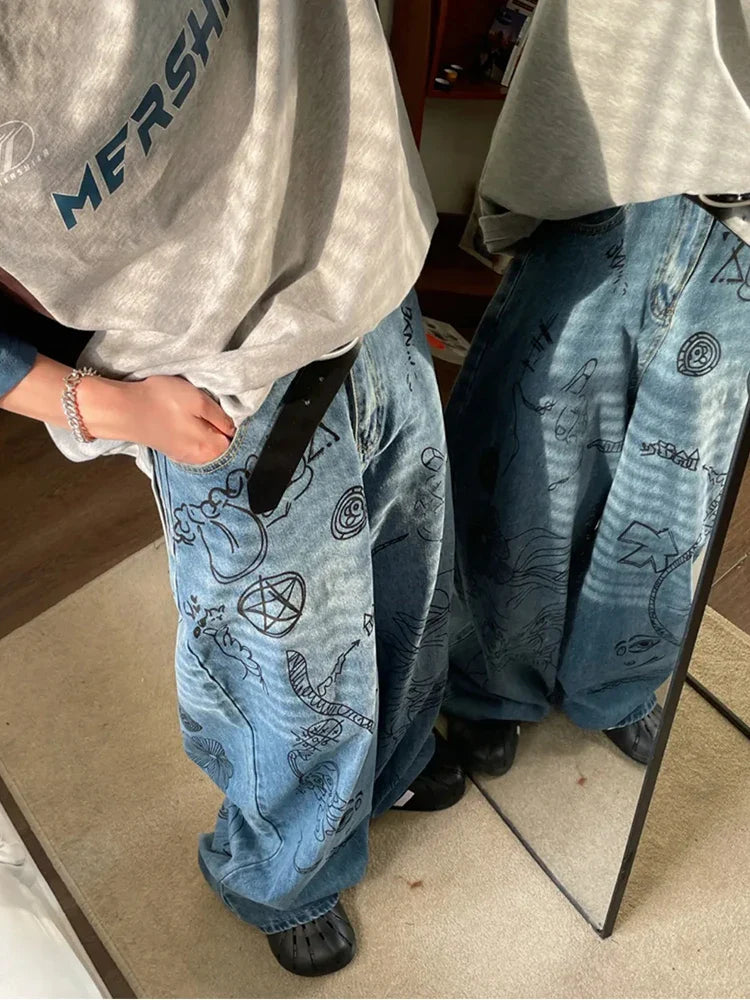 sanyamk Hip Hop Baggy Jeans Men Oversize Denim Pants Blue Jeans Printed Wide Leg Trousers Male Jeans Hippie Streetwear Casual