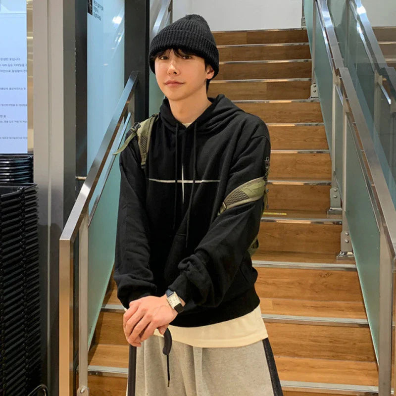 sanyamk - Korean Style Men's Hoodies Casual Printing Drawstring Big Pockets Contrast Color Loose Male Sweatshirts New Autumn 9C7926