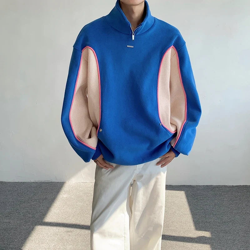 sanyamk - Men's Clothing 2024 Autumn Winter Half Turtleneck Fleece Sweatshirt Trendy Fashion Contract Color Sweatshirts Tops
