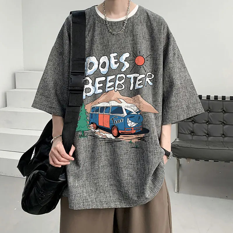 sanyamk - Men's Clothing Short Sleeve Round Neck Loose Straight Pullovers Solid Printing Handsome Simple Casual Streetwear T-Shirts
