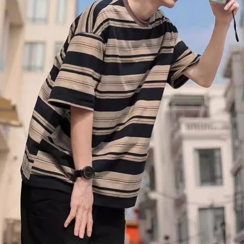 sanyamk - Fashion Striped Print Oversize T Shirt Men Summer Casual Short Sleeve Crew Neck T-shirts Streetwear Mens Stylish Loose Pullovers