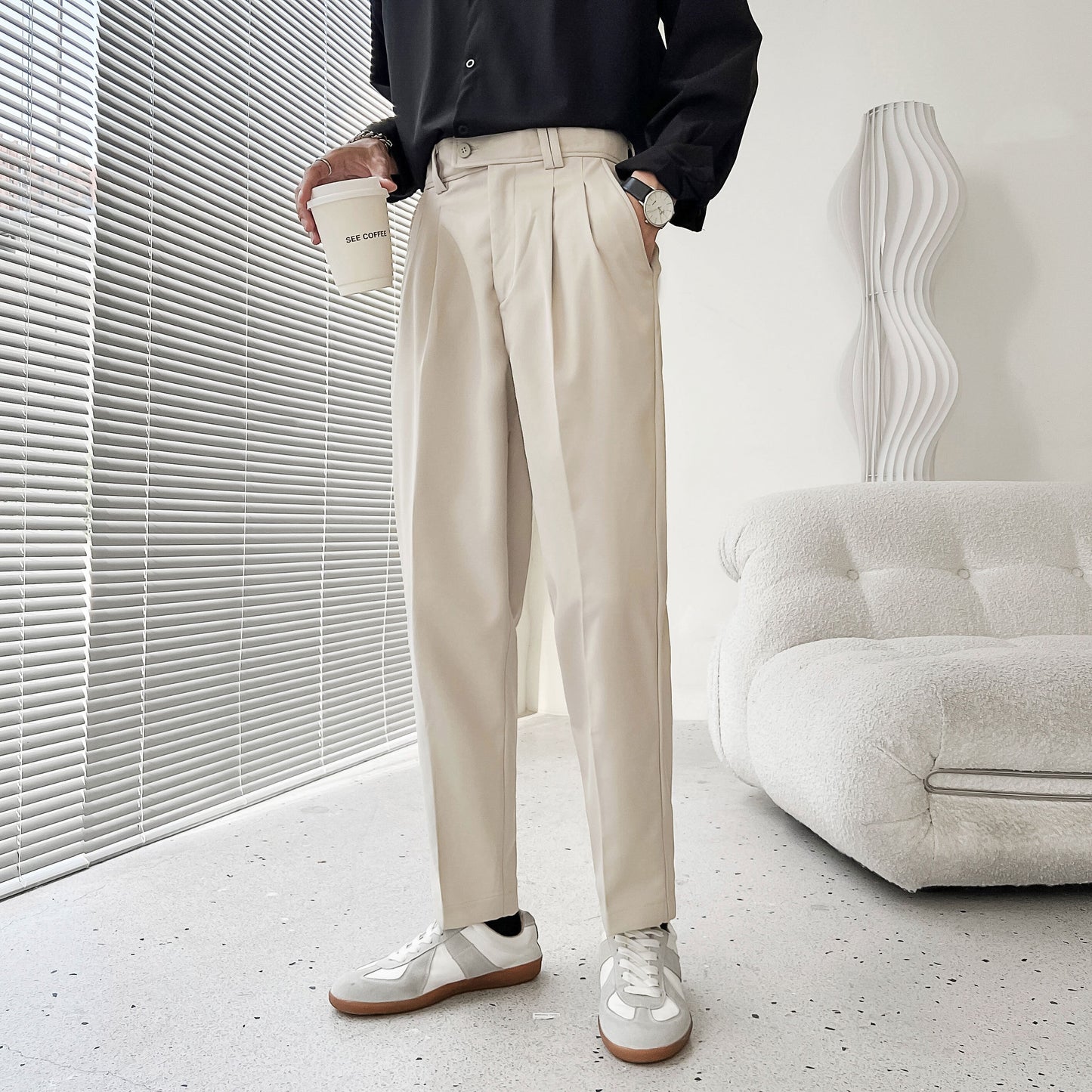 sanyamk Men's Fashion Trend Casual Pants Men Slim Fit Social Business Suit Pants Loose Formal Beige/black Color Trousers S-XL
