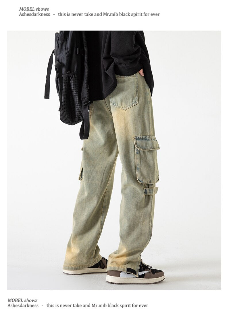 Bonsir Baggy Cargo Jeans big pocket Trousers Male Denim Pants Flared Pant women's Jeans Loose Casual Streetwear Hip Hop Harajuku