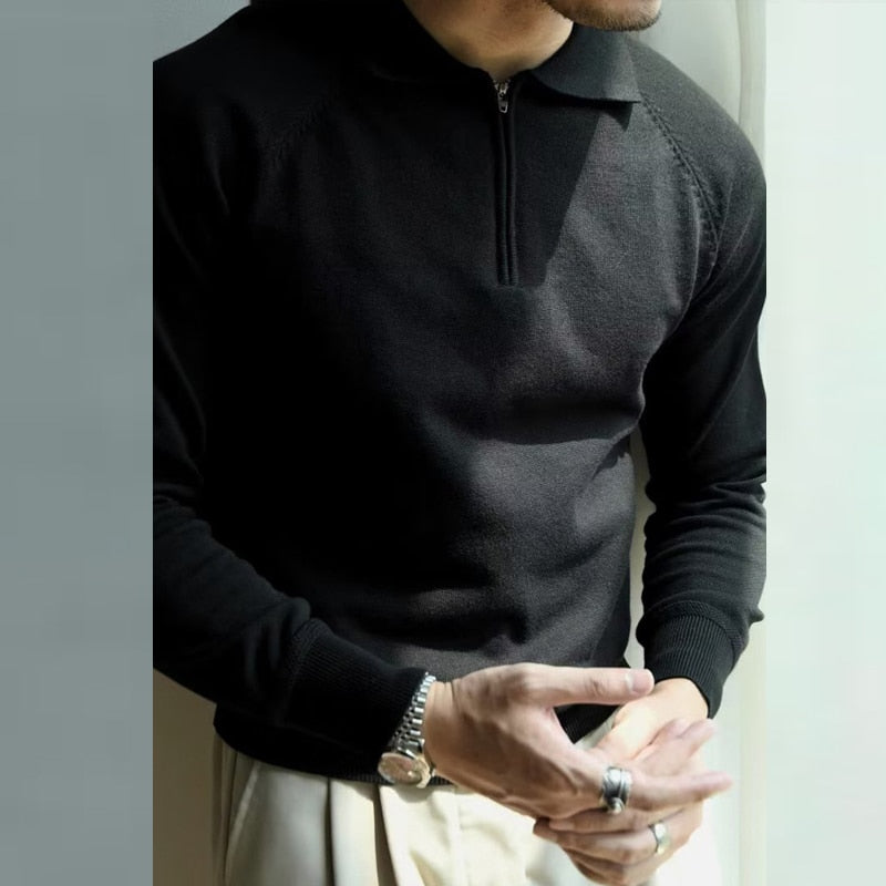 sanyamk 2YK Vintage Solid Zip Sweaters Autumn Streetwear New Long Sleeve Business Polos Solid Jumper Men Knit Pullover Clothing