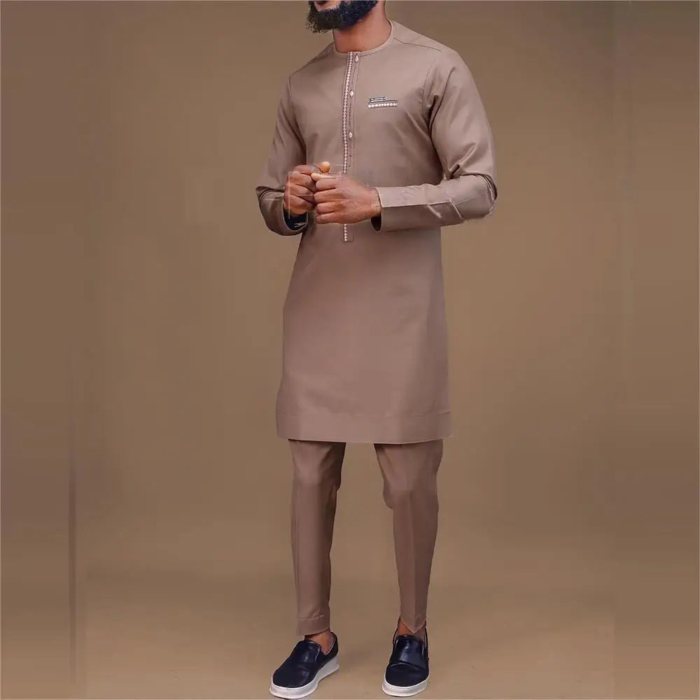 sanyamk - Kaftan Summer Men's Suits Short Sleeve Solid Top Pants Wedding African Ethnic Casual Wear Dashiki 2PCS Suit Fashion Men's Sets