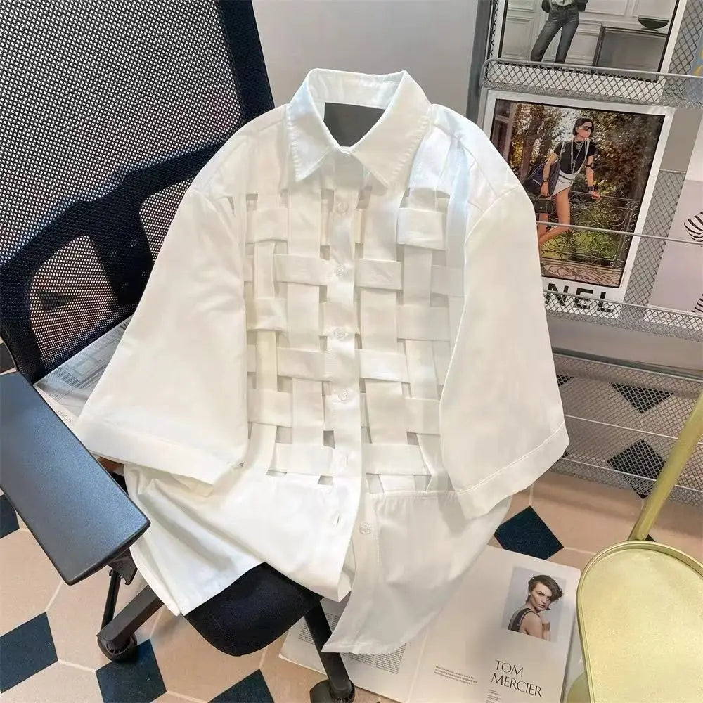 sanyamk Vintage Weaving Shirts For Men Long/Short Sleeve Lapel INS Trend Tops Streetwear New Spring Summer Fashion Casual Loose Shirts