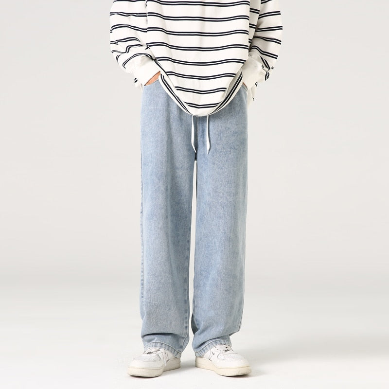 Bonsir Baggy Stacked Jeans Mens Pants Streetwear Denim Skater Wide Leg Distressed Low Rise Elastic Waist Hip Hop Straight