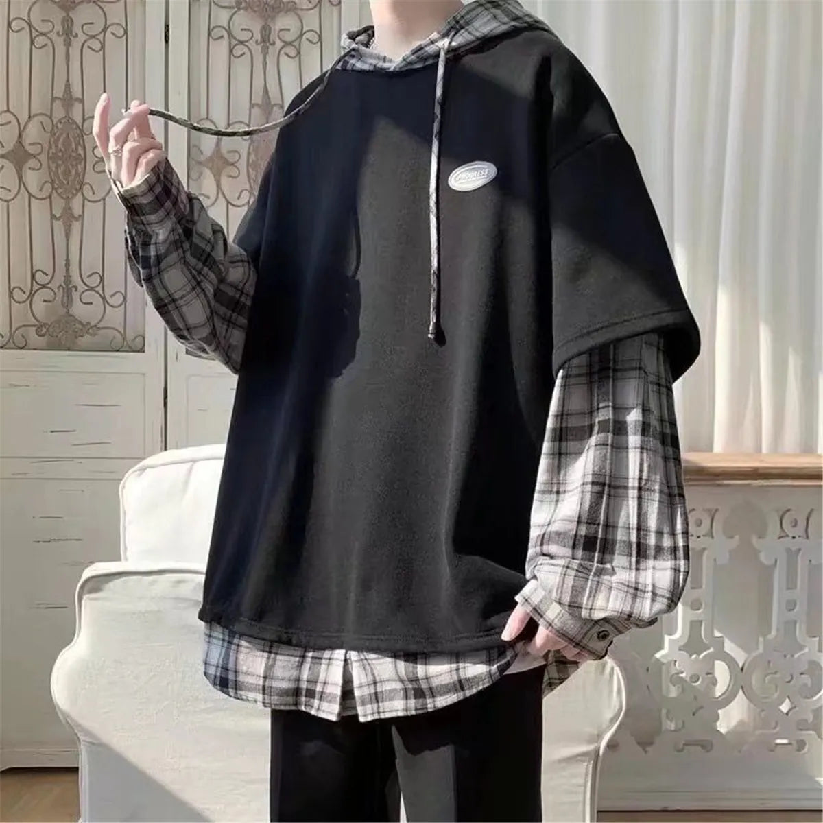 sanyamk Fashion Kahaki Patchwork Sweatshirt Autumn Loose Harajuku Vintage Plaid Hip Hop Tops Streetwear Winter High Street Gothic Hoodie