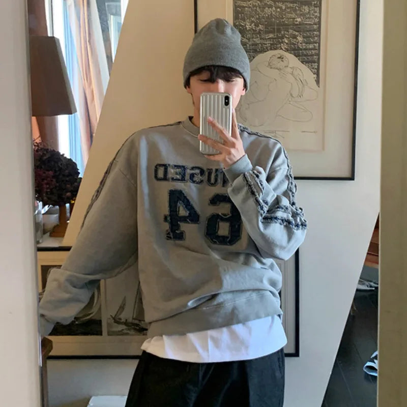 sanyamk - Korean Style Men's Sweatshirts Letter Printing Embroidery Worn-out Raw Edge Pullover Male Contrast Color Tops Chic 9C7615