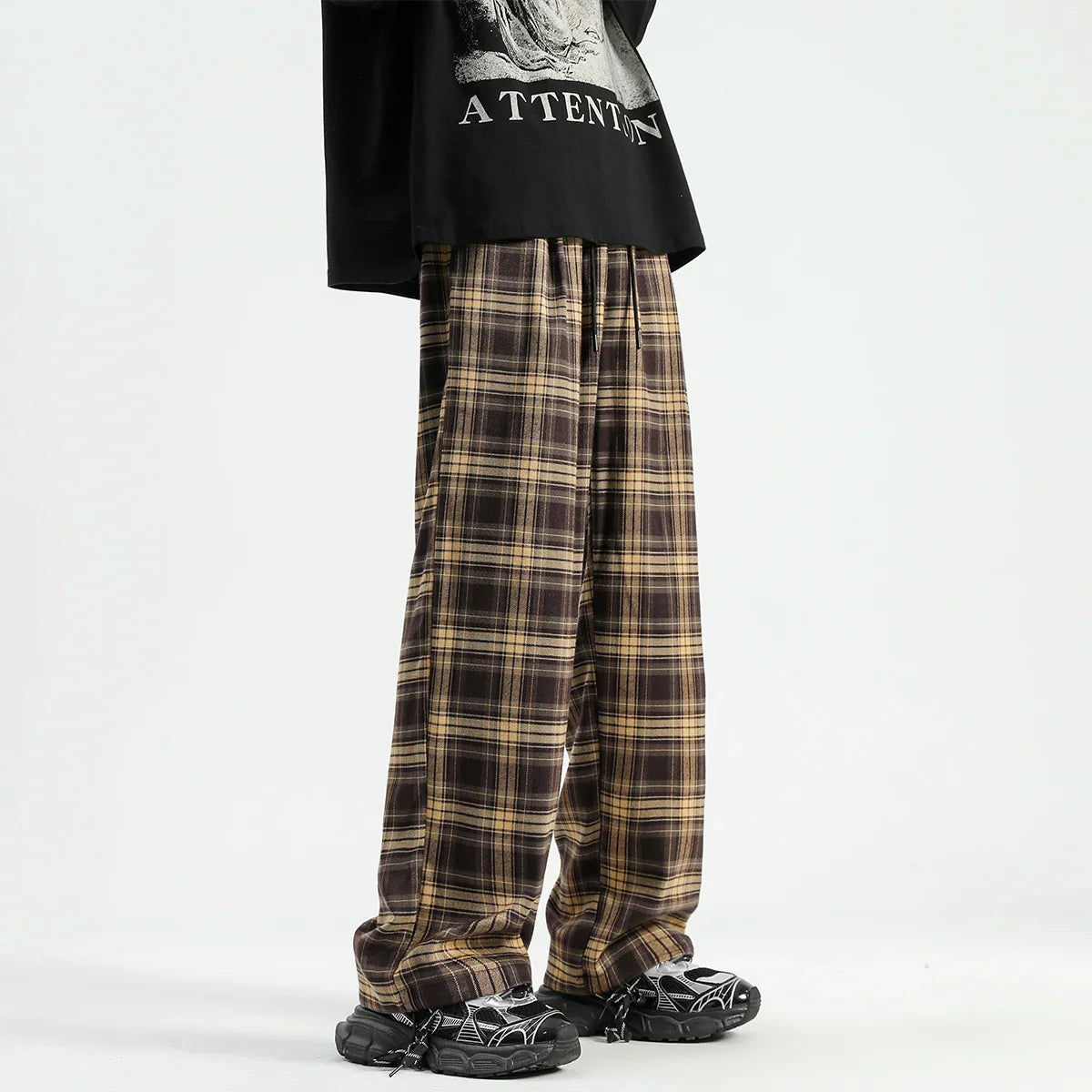 sanyamk Autumn Winter Men's Plaid Pants Contrast Color Wide Leg Casual Long Trousers Vintage Style Stylish Streetwear Checkered Pants