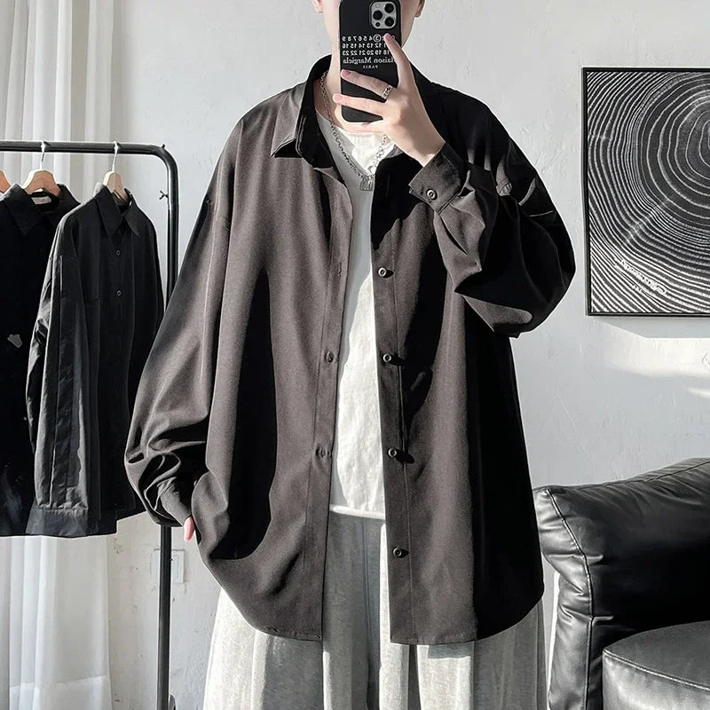Bonsir Summer Mens Long Sleeve Shirts Solid Color Casual Cardigan Loose Base Vintage Harajuku Tops Blouses