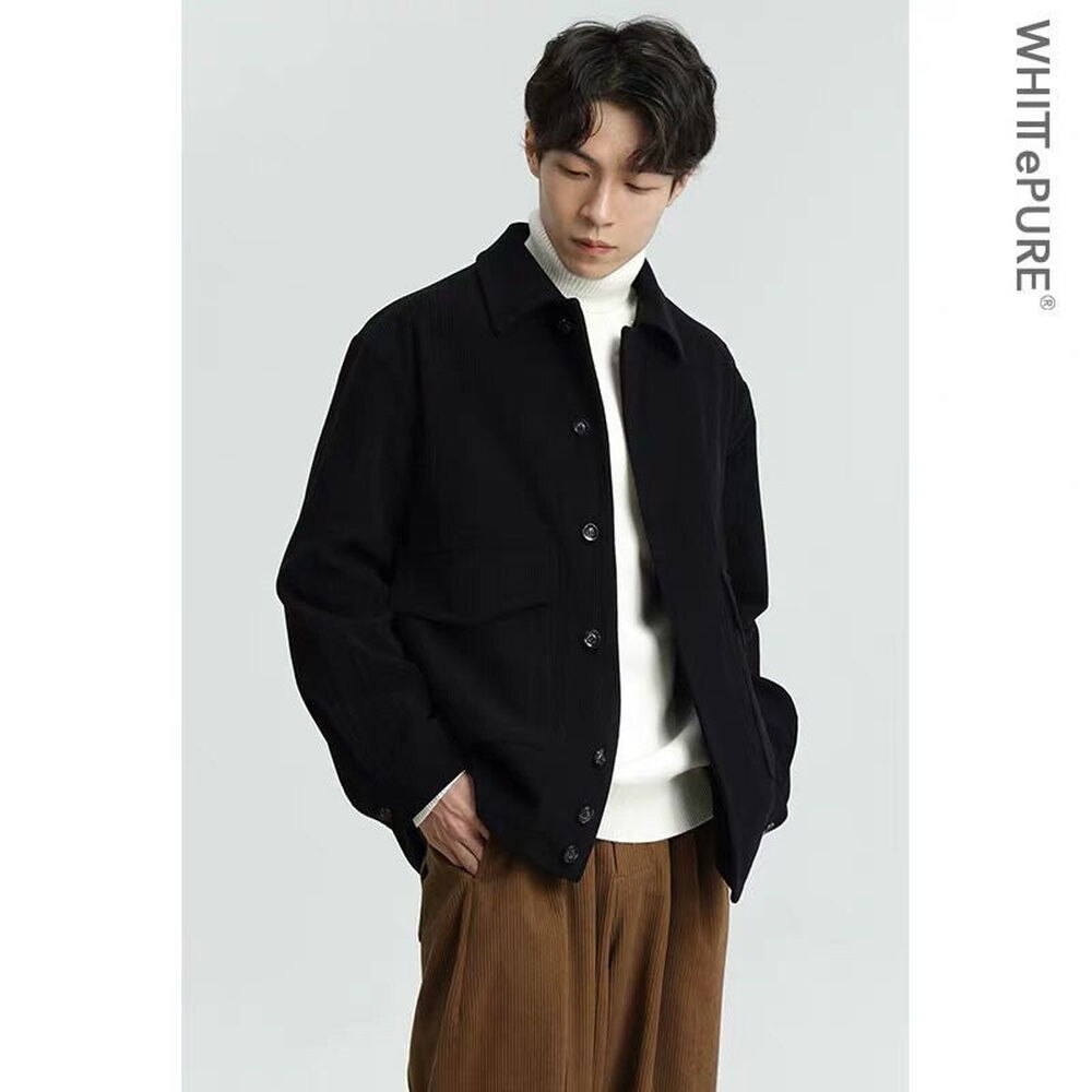 sanyamk Spring Autumn New Corduroy Casual Jacket Men's Retro All-match Student Korean Style Trendy Coat Men's Youth Outwear Black