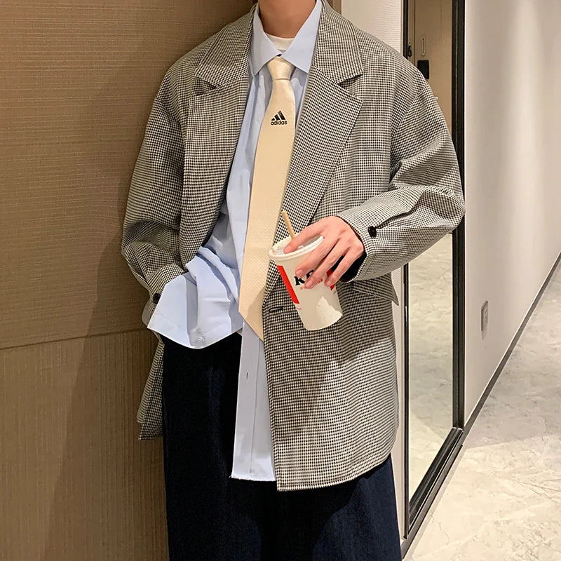 sanyamk - New Luxury Houndstooth Blazers Grey Khaki Men'S Casual One Button Blazers Autumn Winter Fashion All-match Loose Suit Jackets