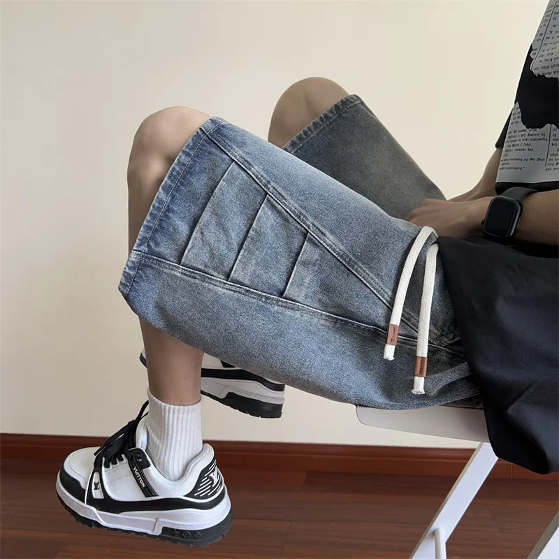 sanyamk Summer Fashion Blue Denim Pants Shorts Men's Straight Casual Ins Youth All-match Fifth Pants Elastic Waist Chic Short Pants
