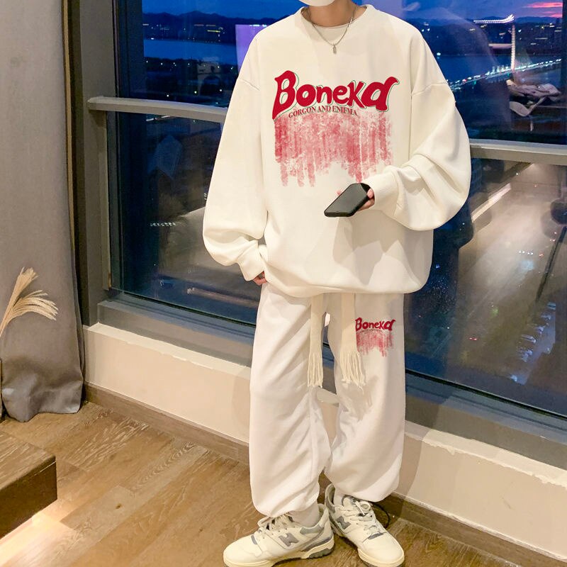sanyamk Men's Graffiti Letter Printed Sweatshirt Sets Streetwear Oversized Casual Two Piece Tops Pants Suit Male 5XL Clothing