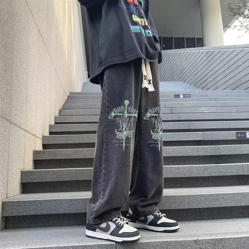 sanyamk Fashion Elastic Waist Printed Jeans Autumn Gothic High Street Causal Loose Drop Long Pants Men Trousers Male Clothes
