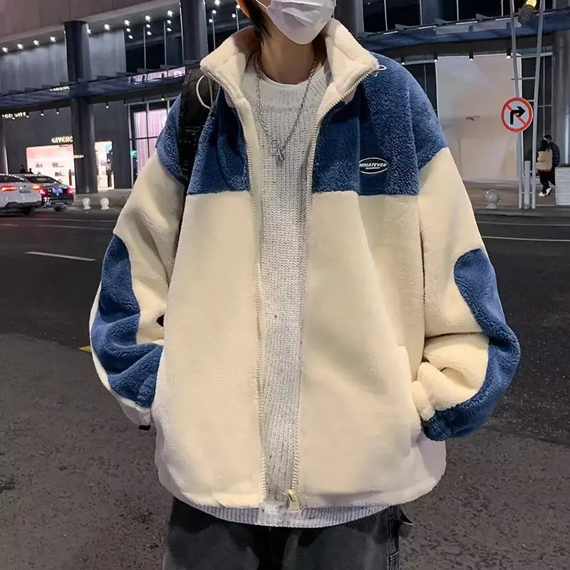 sanyamk Winter Fleece Fluffy Jacket Warm Fuzzy Zipper Patchwork Coat Men Autumn Lightweight Jackets Streetwear Hip Hop Harajuku