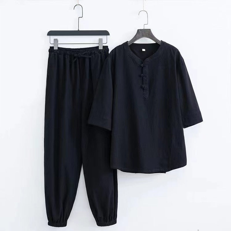 sanyamk Spring Summer New Men's Fashion Casual Solid Short Sleeve T-Shirt Pant Suit Men High-Quality Cotton And Linen Two-Piece Set 5XL