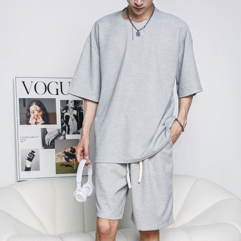 sanyamk Waffle Two Piece Set Men Short Sleeve O-neck T shirts And Shorts Casual Sports Suits 2023 Summer Fashion Mens Tracksuit Outfits