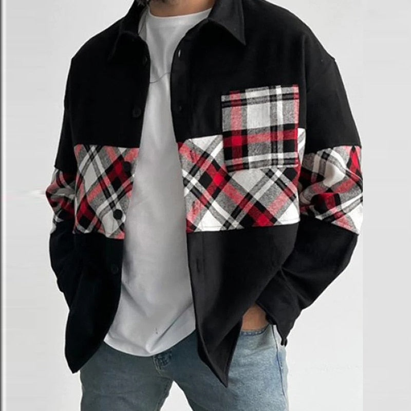 Bonsir Casual Long Sleeve Mens Jackets Button-up Turn-down Collar Cardigans Tops Autumn Men Fashion Plaid Printed Coats Outerwear