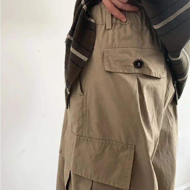 sanyamk Japanese Wide Leg Cargo Pants Men Vintage Oversize Cargo Trousers Male Loose Casual Streetwear Hip Hop Pocket Autumn